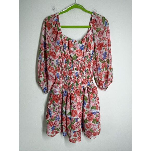 Forever 21 Bohemian Pink Floral Off Shoulder Smocked Mini Ruffle Dress Sz L - Picture 5 of 10